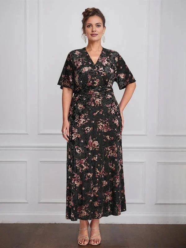 Vintage Plain V-Neck Short Sleeves Velvet Tea-Length Mother of the Bride Dress With Slit