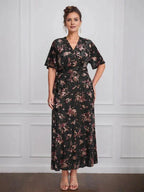 Vintage Plain V-Neck Short Sleeves Velvet Tea-Length Mother of the Bride Dress With Slit