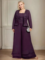 Separates Jumpsuit/Pantsuit Square Ankle-Length Lace Chiffon Mother of the Bride Dress With Sequins