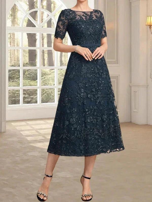 A-line Scoop Illusion Tea-Length Lace Mother of the Bride Dress With Sequins
