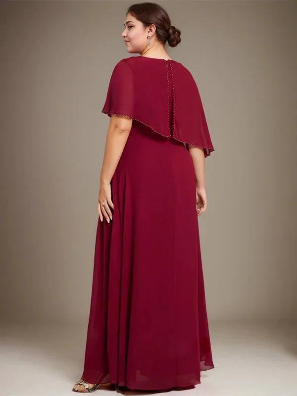 A-line Scoop Floor-Length Chiffon Lace Mother of the Bride Dress With Sequins Beading