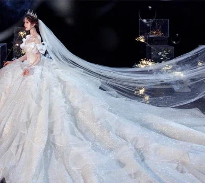 Fairy Romantic Off Shoulder White Wedding Dress Sweep Train Y6878