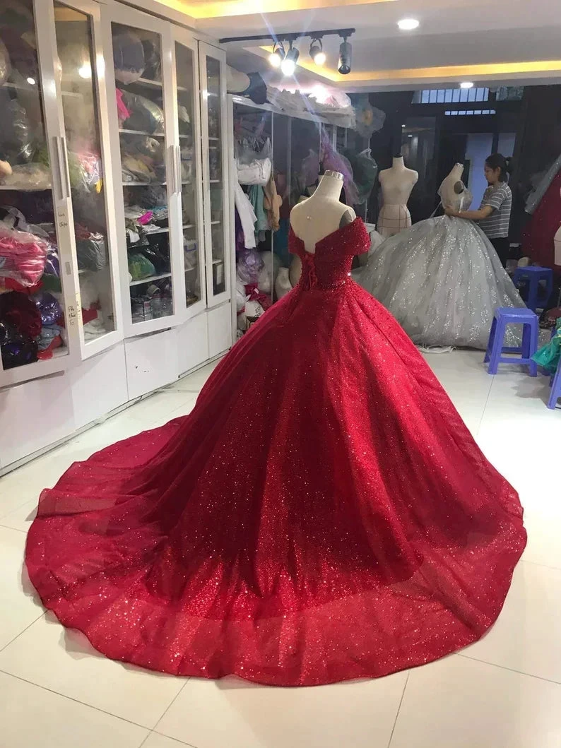 Luxurious Off Shoulder Red Glitter Beading Ball Gown Sweet 16 Dress Y1275