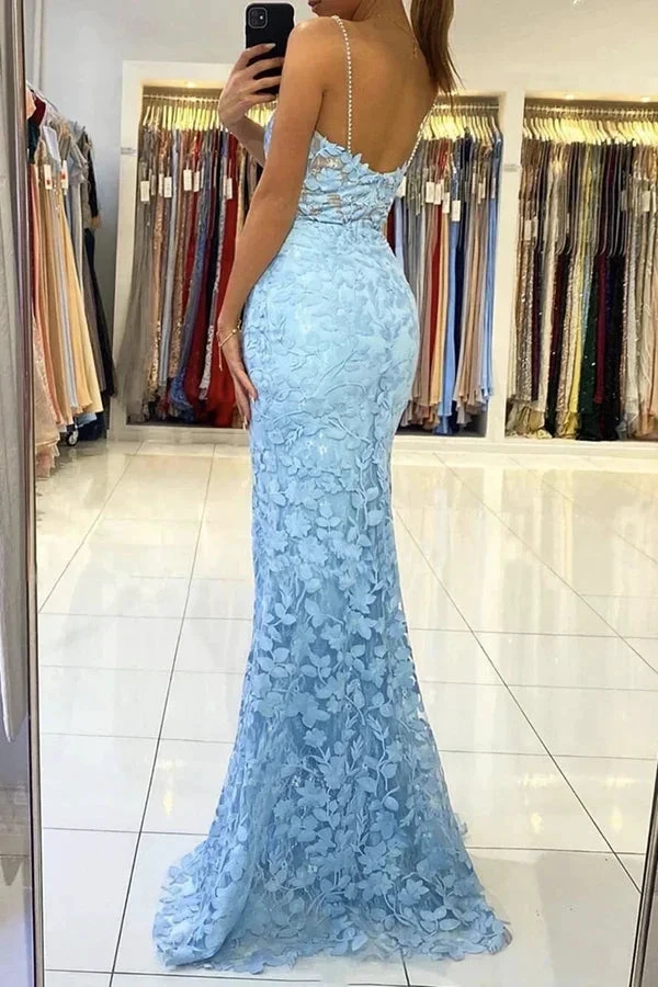 Mermaid V Neck Backless Blue Lace Long Prom Dress, Mermaid Blue Lace Formal Dress, Blue Lace Evening Dress Y1465