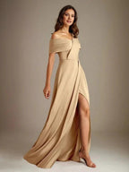 A-Line Asymmetrical Neckline Floor-Length Satin Mother of the Bride Dress With Pleated