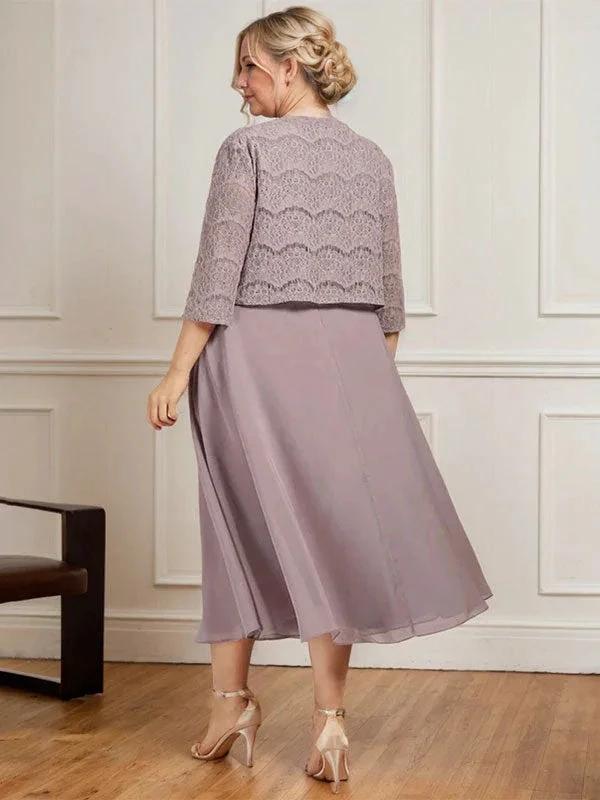 A-line Scoop Tea-Length Chiffon Mother of the Bride Dress With Pleated