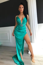 Sexy Long Mermaid V-Neck Satin Evening Prom Dress With Split