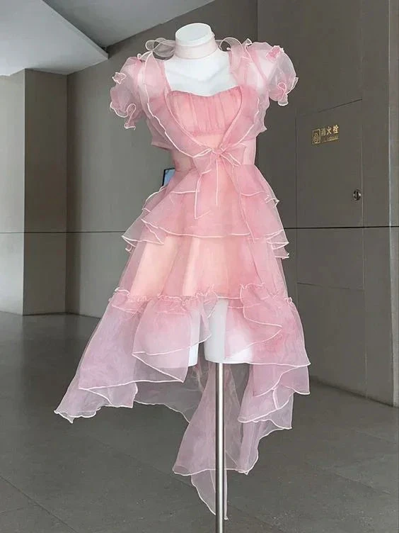 Sexy High Low Pink Chiffon Homecoming Dress Birthday Outfits Y7664