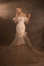 Gorgeous Long Mermaid Off-the-Shoulder Puff Sleeve Satin Wedding Dress with 3D Flower & Lace-Up Back & Tulle Train Q6012