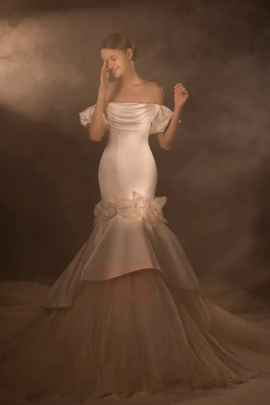 Gorgeous Long Mermaid Off-the-Shoulder Puff Sleeve Satin Wedding Dress with 3D Flower & Lace-Up Back & Tulle Train Q6012