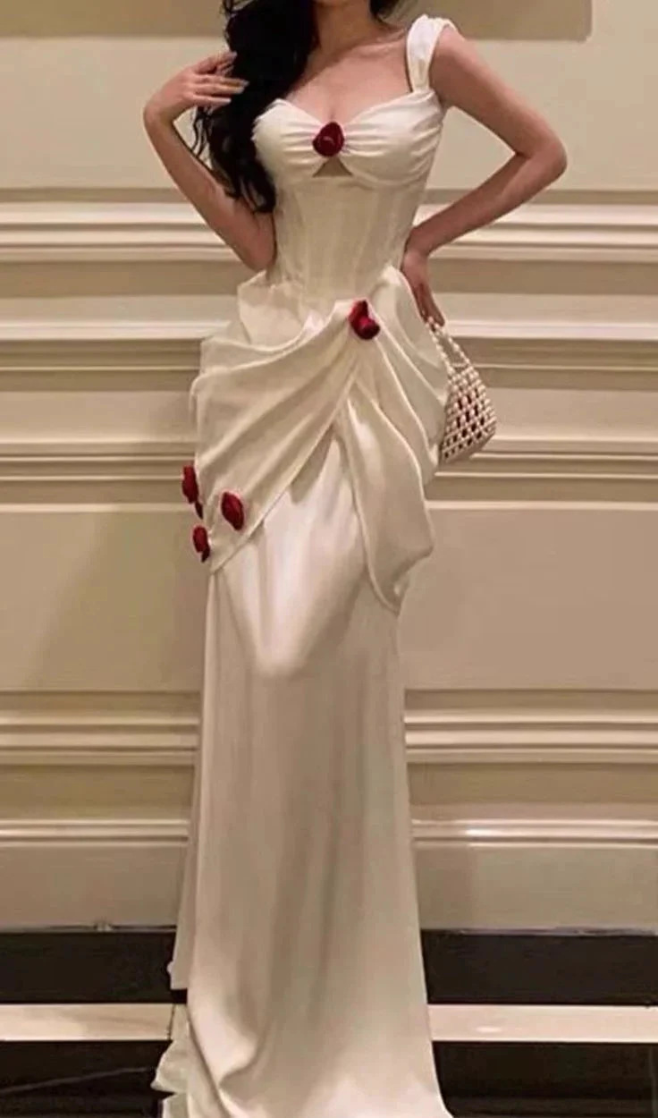 Elegant White Satin Flowers Evening Dress Long Prom Dress Wedding Dress Y7461