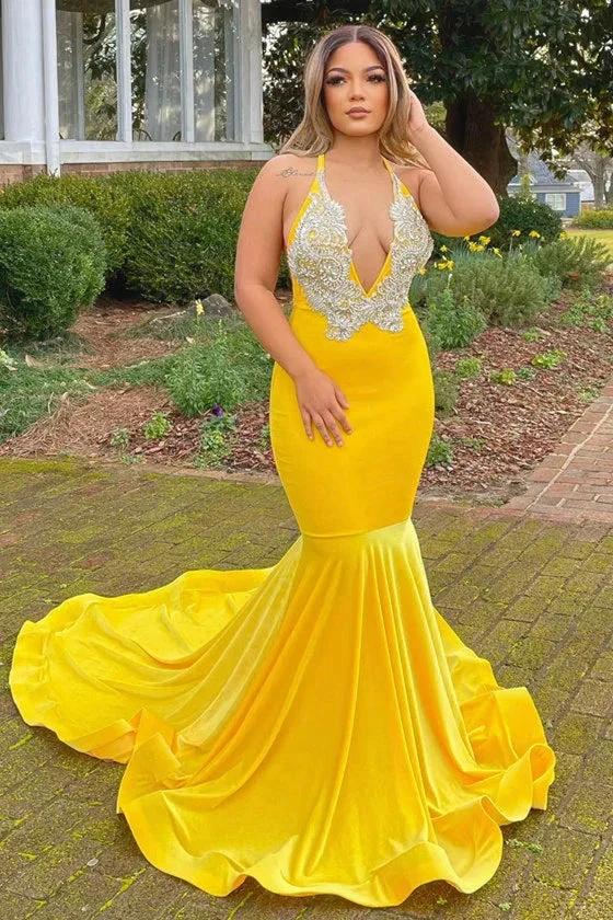 Long Mermaid V-neck Yellow Prom Dress With Applique