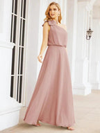Numbersea Chiffon Ruffled One Shoulder Sleeveless Long Bride Dresses A-line Formal Evening Gown Side Split 28057