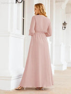 Sunnderly Women's Chiffon Bridesmaid Dress A line Long Sleeves Formal Evening Prom Gown for Wedding Guest SY28032