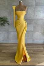 Yellow Long Mermaid Asymmetrical Beads Satin Prom Dress With Sleeves