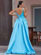 Hi-Lo Sapphire Serenity V-Neck Sleeveless A-Line Evening Gown