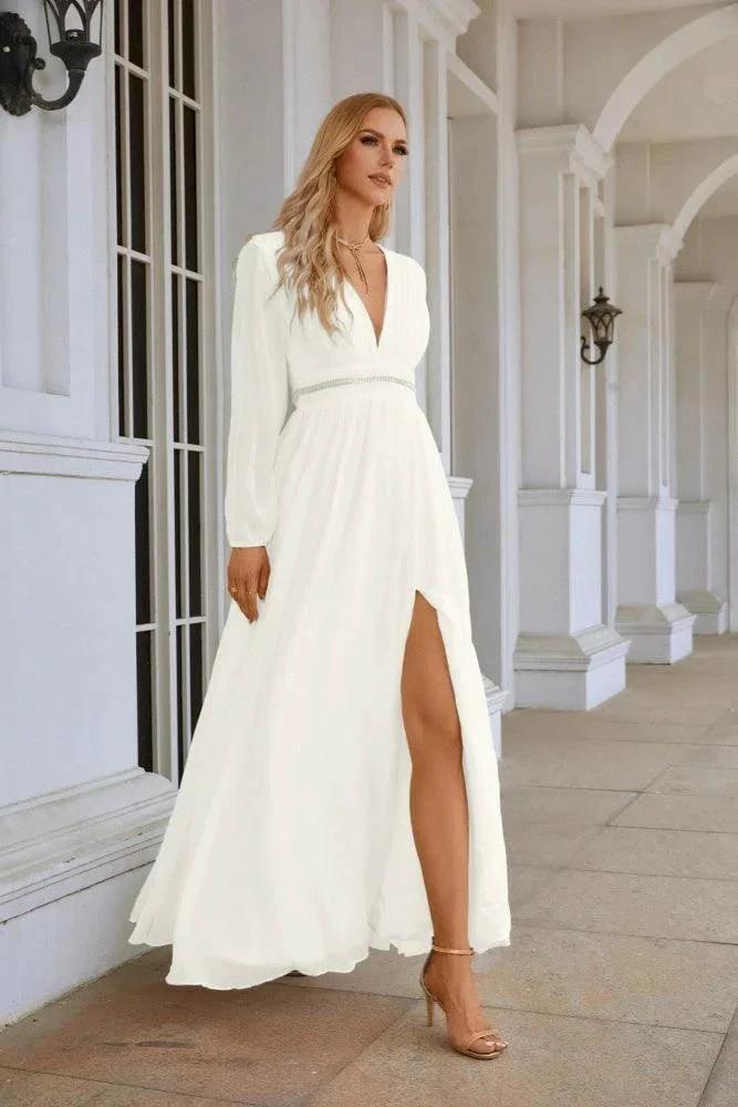 Ladies V Neck Chiffon Long Sleeve Front Slit Bridesmaid Evening Dress Wedding Party Shopping Evening Dress 28109