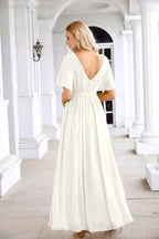 Ladies Chiffon Sleeve Crew Neck Front Slit Floor Length Bridesmaid Evening Dress Wedding Party Evening Dress 28124