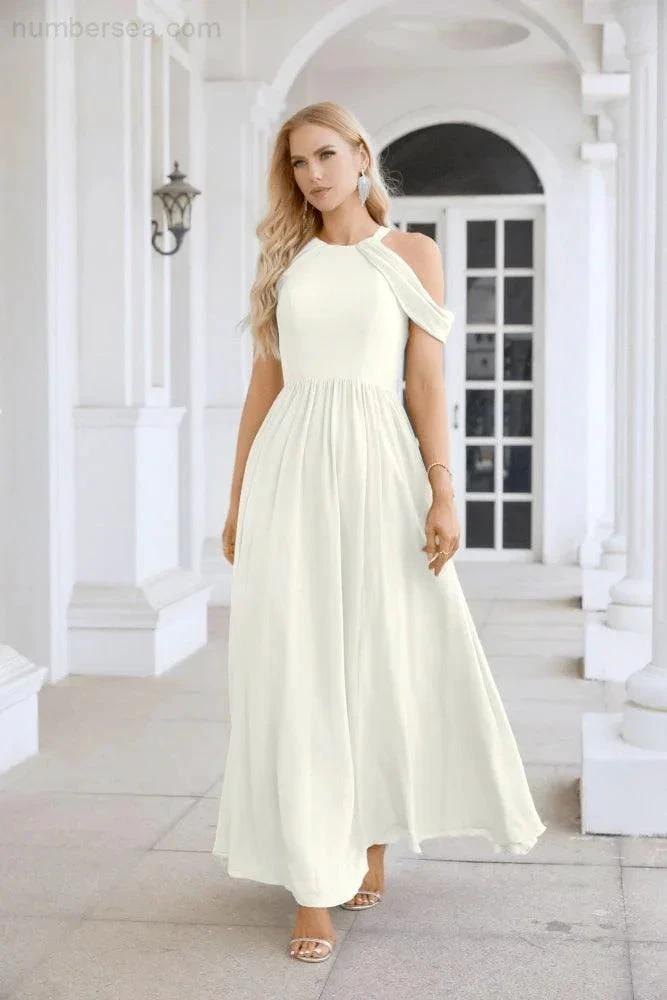 Ladies Chiffon Off Shoulder Swing Sleeve Front Slit Bridesmaid Evening Dress Wedding Party Evening Dress 28117
