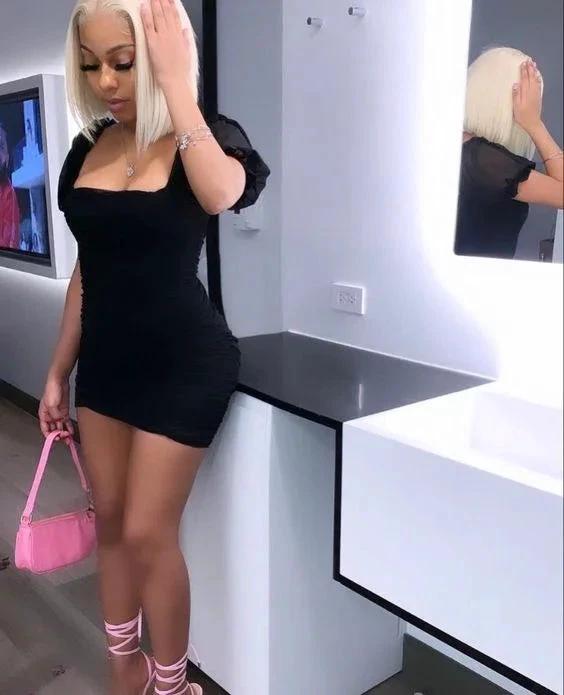 Chic Puff Sleeve Dress Black Short Tight Homecoming Dress Y368