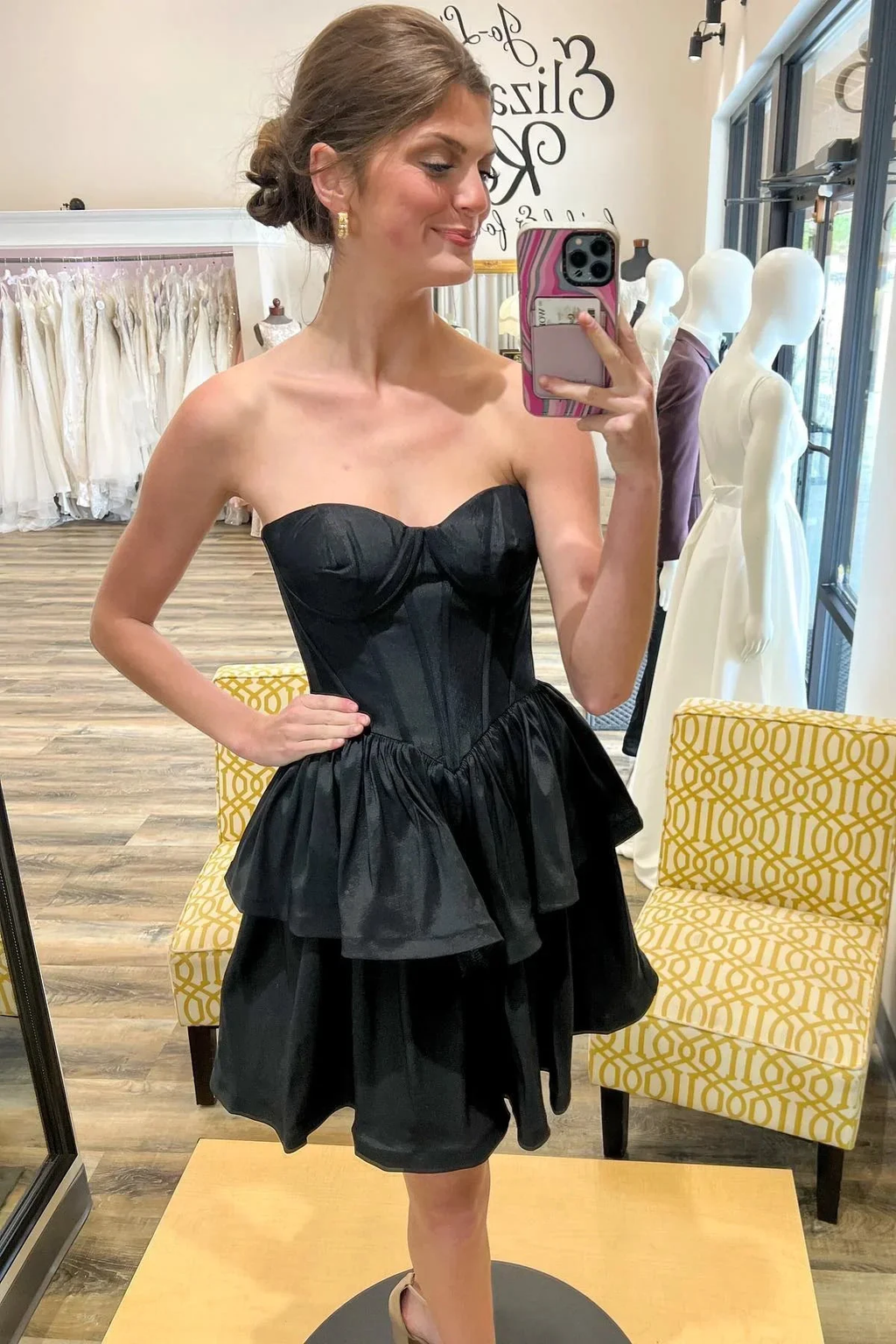 Black Strapless Satin Multi-Layers Homecoming Dress Y2070