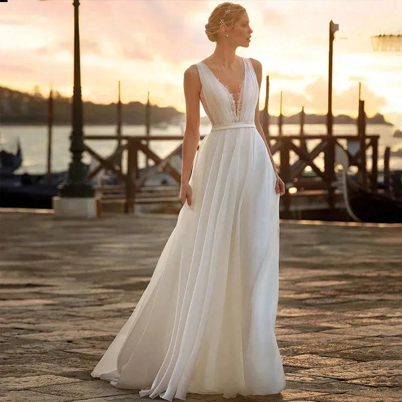 Chiffon V-Neck Wedding Dresses Sleeveless Elegant Lace Applqiues Boho A-Line Bride Gowns For Women Vestidos De Novia