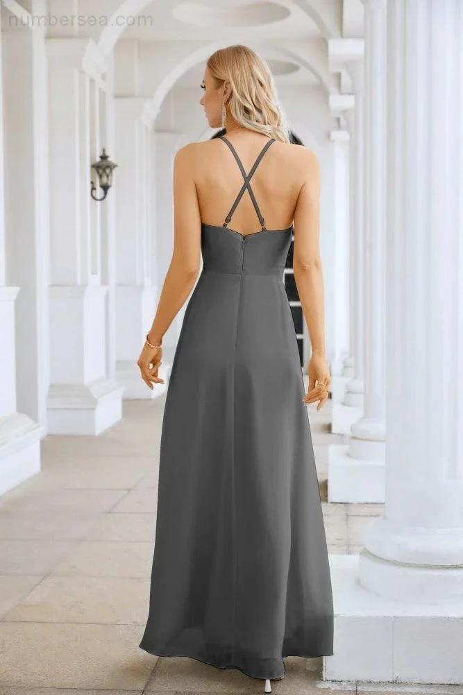 Ladies Chiffon Spaghetti Strap V Neck Front Slit Floor Length Bridesmaid Evening Dress Prom Party Wedding Evening Dress 28116