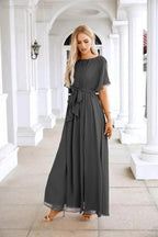 Ladies Chiffon Sleeve Crew Neck Front Slit Floor Length Bridesmaid Evening Dress Wedding Party Evening Dress 28124
