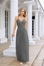 Ladies Chiffon Spaghetti Strap V Neck Front Slit Floor Length Bridesmaid Evening Dress Prom Party Wedding Evening Dress 28116