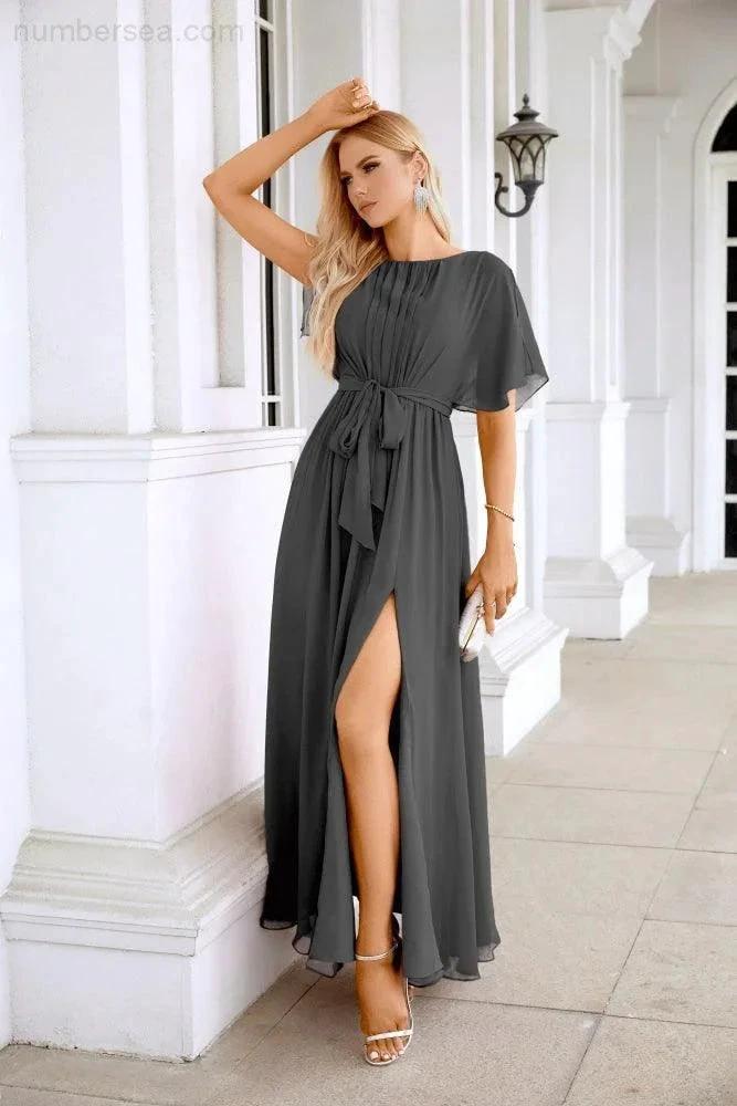 Ladies Chiffon Sleeve Crew Neck Front Slit Floor Length Bridesmaid Evening Dress Wedding Party Evening Dress 28124