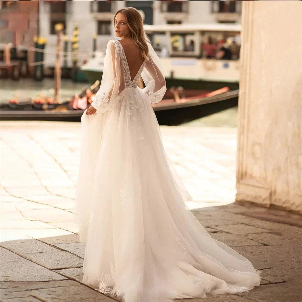 Sexy V Neck Lace Wedding Dresses 2024 Simple Long Puff Sleeves Bride Gowns Appliques Backless Custom Made
