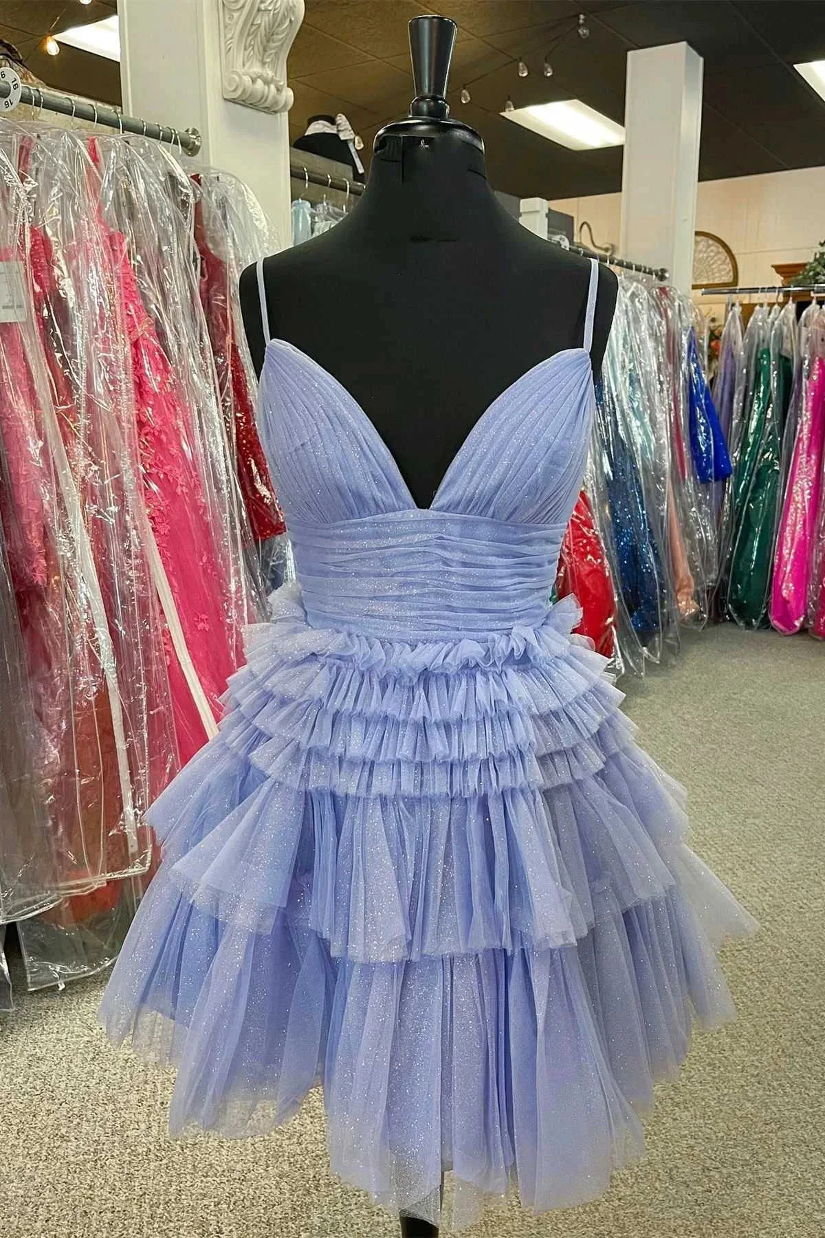 Multi-Tiered V-Neck Backless A-Line Short Party Dress A-line Homecoming Dress Y2350