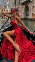 Red Satin Long Prom Dress Backless Evening Dress Y279
