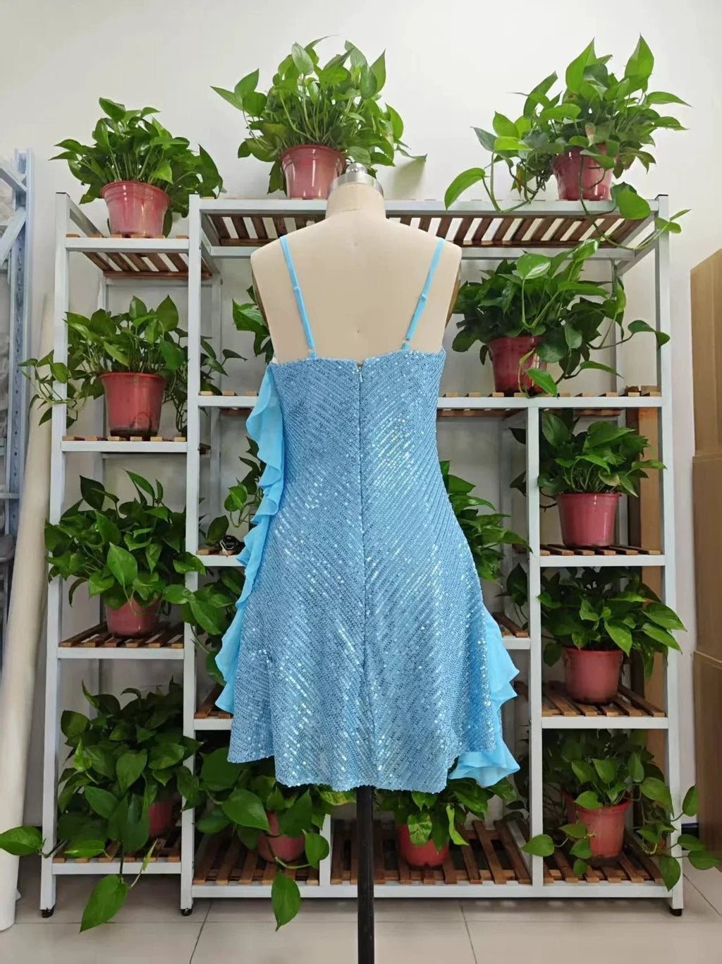 Beautiful Blue Straps Sequins Chiffon Ruffles Cocktail Dress Homecoming Dress Y8253