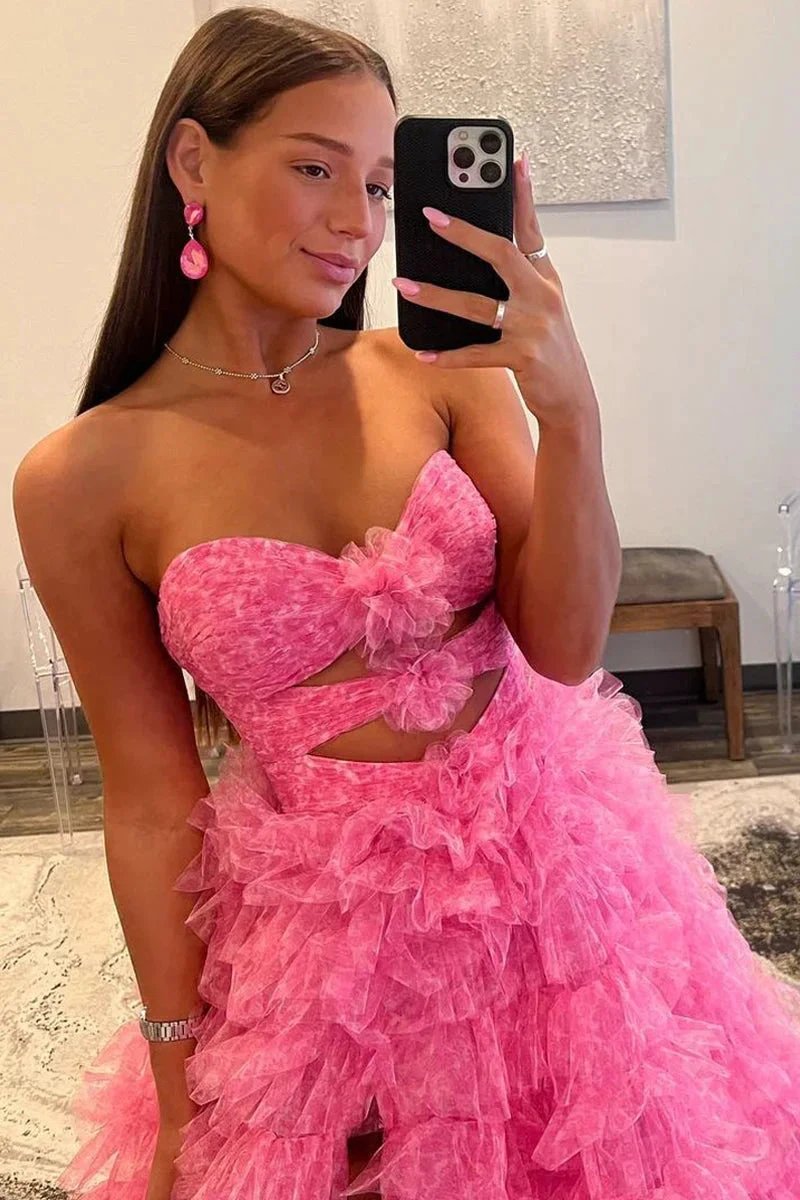Reyna |Ball Gown Sweetheart Pink Tiered Printed Tulle Prom Dress