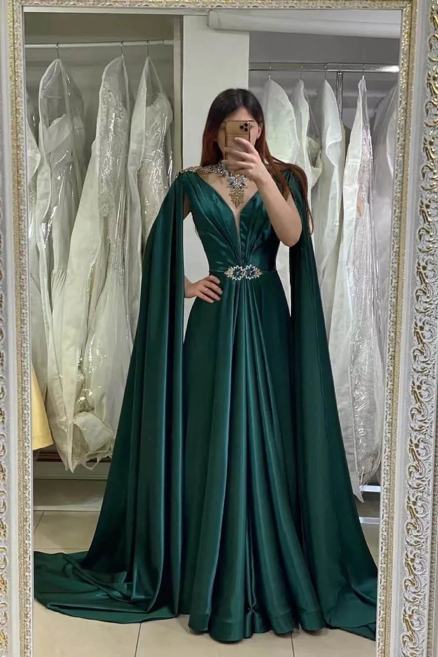 Ruffled V-Neck A-Line Long Prom Gown with Beads and Cape