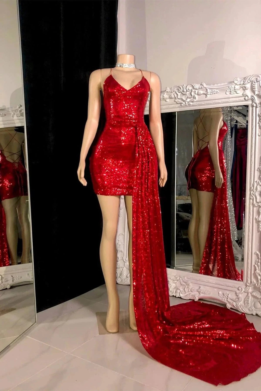 Spaghetti Straps Mermaid Sleeveless Red Mini Prom Dress