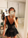 Deep V Neck Black Lace Homecoming Dress Black Party Dress Y2057