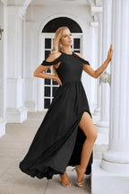 Ladies Chiffon Off Shoulder Swing Sleeve Front Slit Bridesmaid Evening Dress Wedding Party Evening Dress 28117