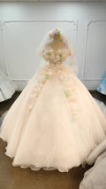 Whimsical Sweetheart Ball Gown Wedding Dress with 3D Pastel Florals & Sheer Tulle Train Ye-2039