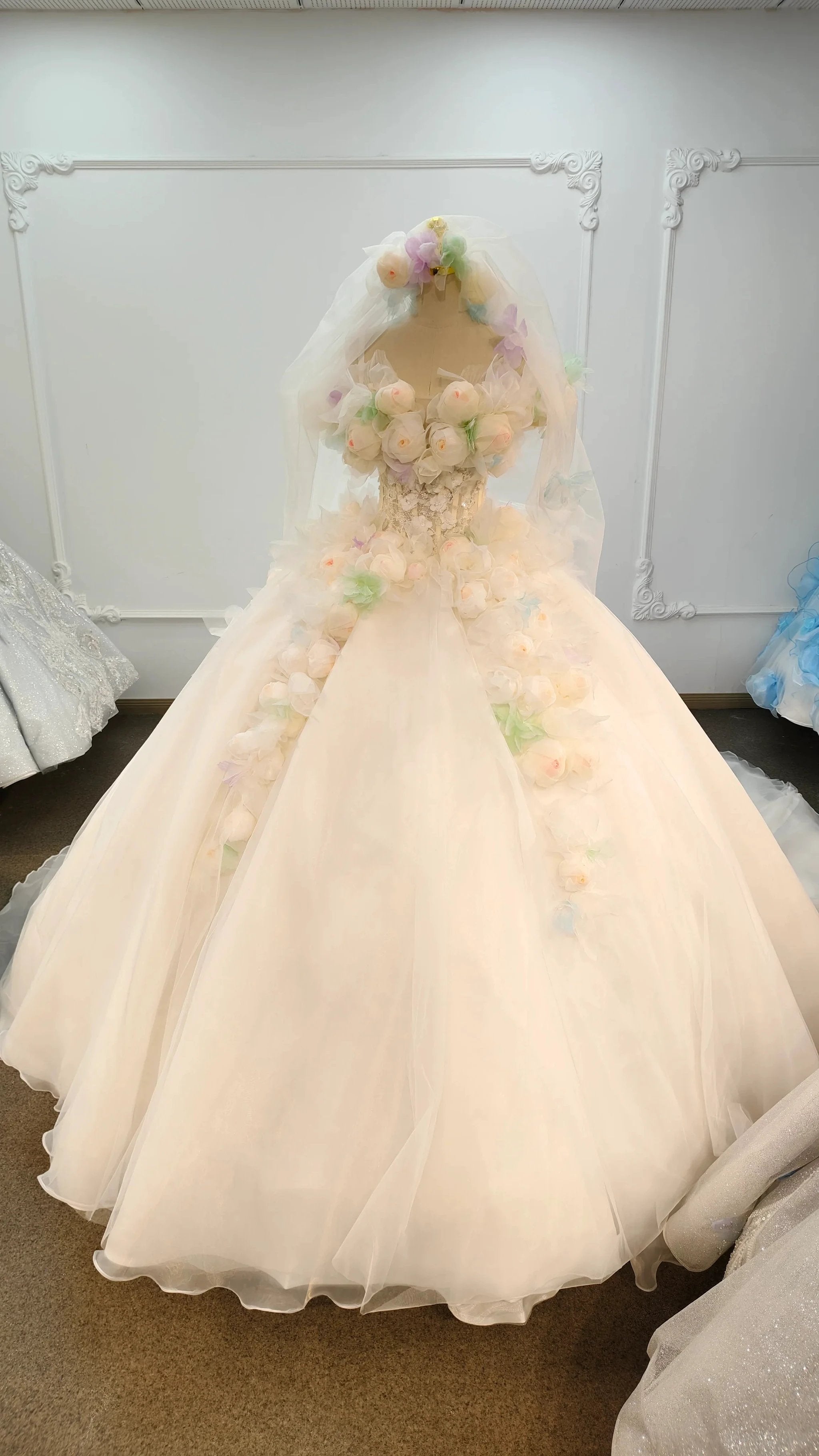 Whimsical Sweetheart Ball Gown Wedding Dress with 3D Pastel Florals & Sheer Tulle Train Ye-2039