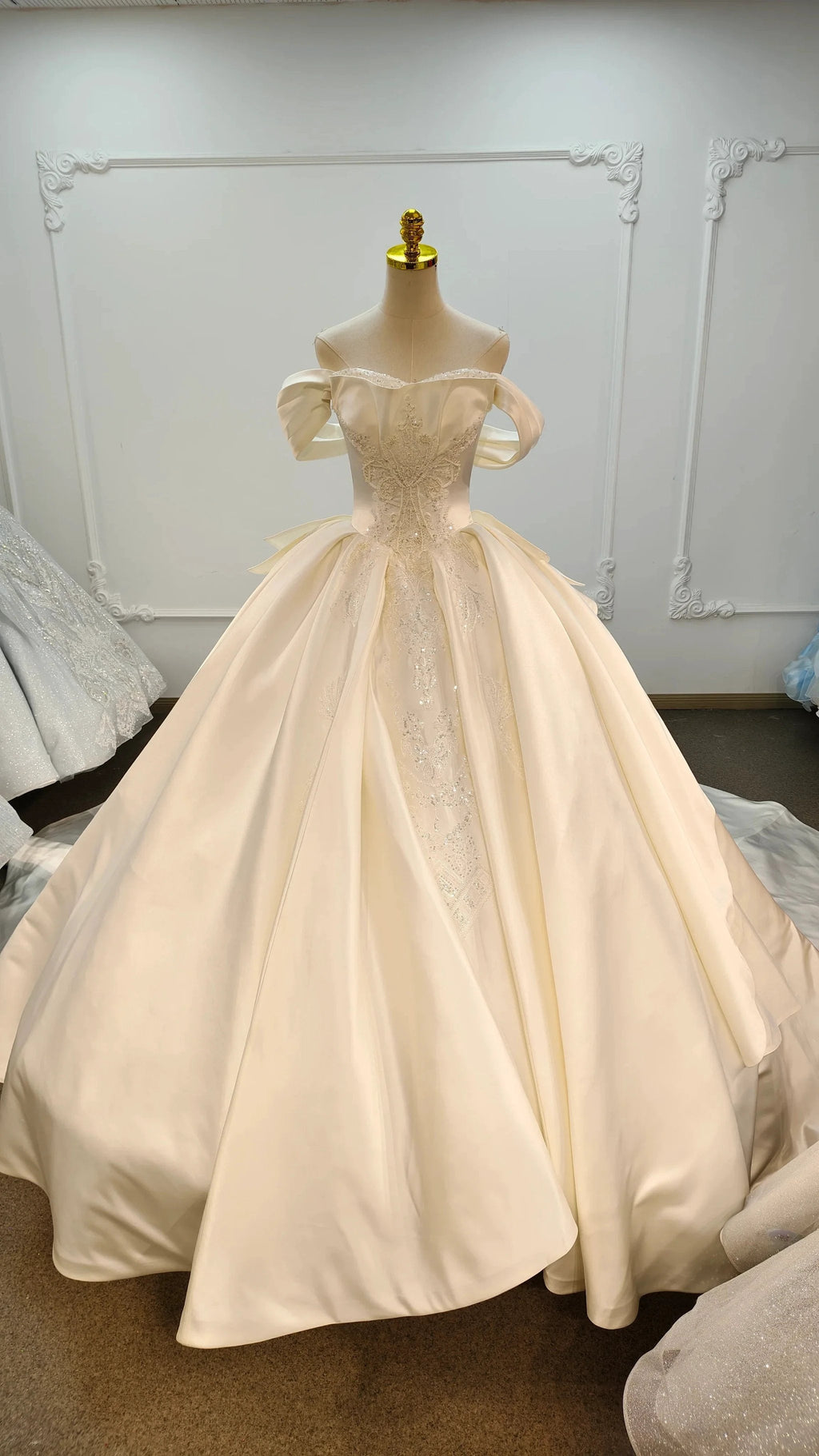 Ivory Lustre Off-Shoulder Ballgown Pearl-Embroidered Bodice & Cathedral Satin Train
