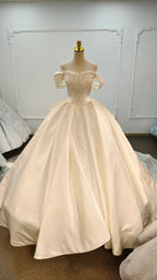 Ivory Lustre Off-Shoulder Ballgown Pearl-Embroidered Bodice & Cathedral Satin Train