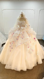 Blush Floral Strapless Ballgown Embroidered Skirt & Tulle Cape