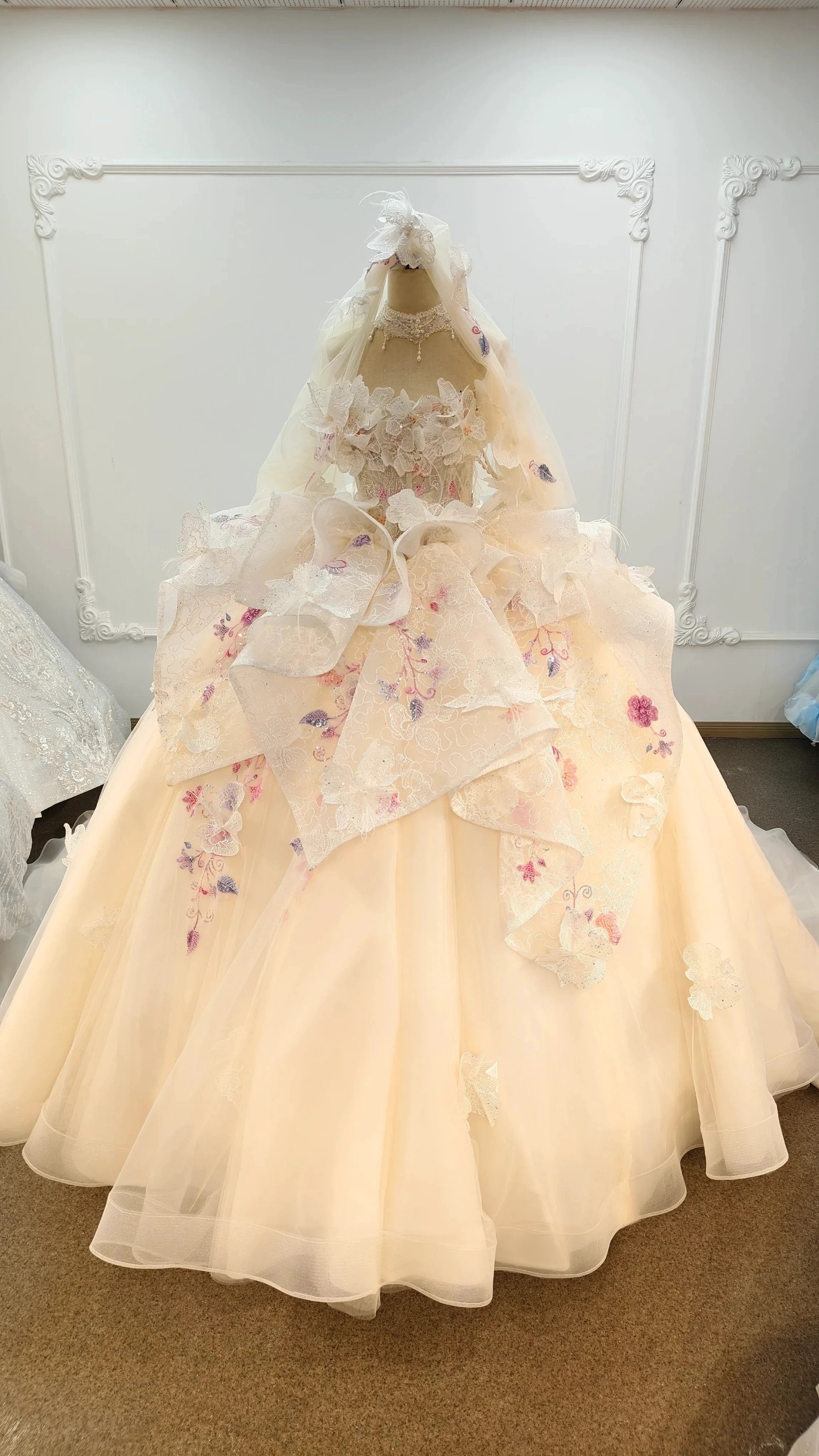 Blush Floral Strapless Ballgown Embroidered Skirt & Tulle Cape