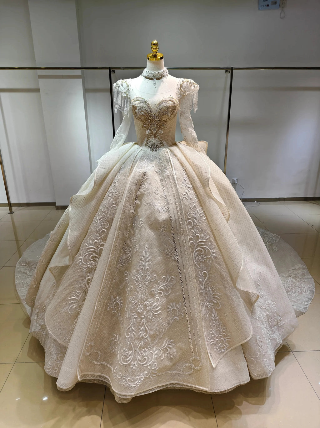 Ivory Gilded Butterfly Ballgown Crystal-Embroidered Bust & Fringed Collar