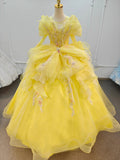 Vibrant Yellow High-Neck Ball Gown Wedding Dress with Ruffled Tulle, 3D Floral Embroidery & Corset Back Ye-2031