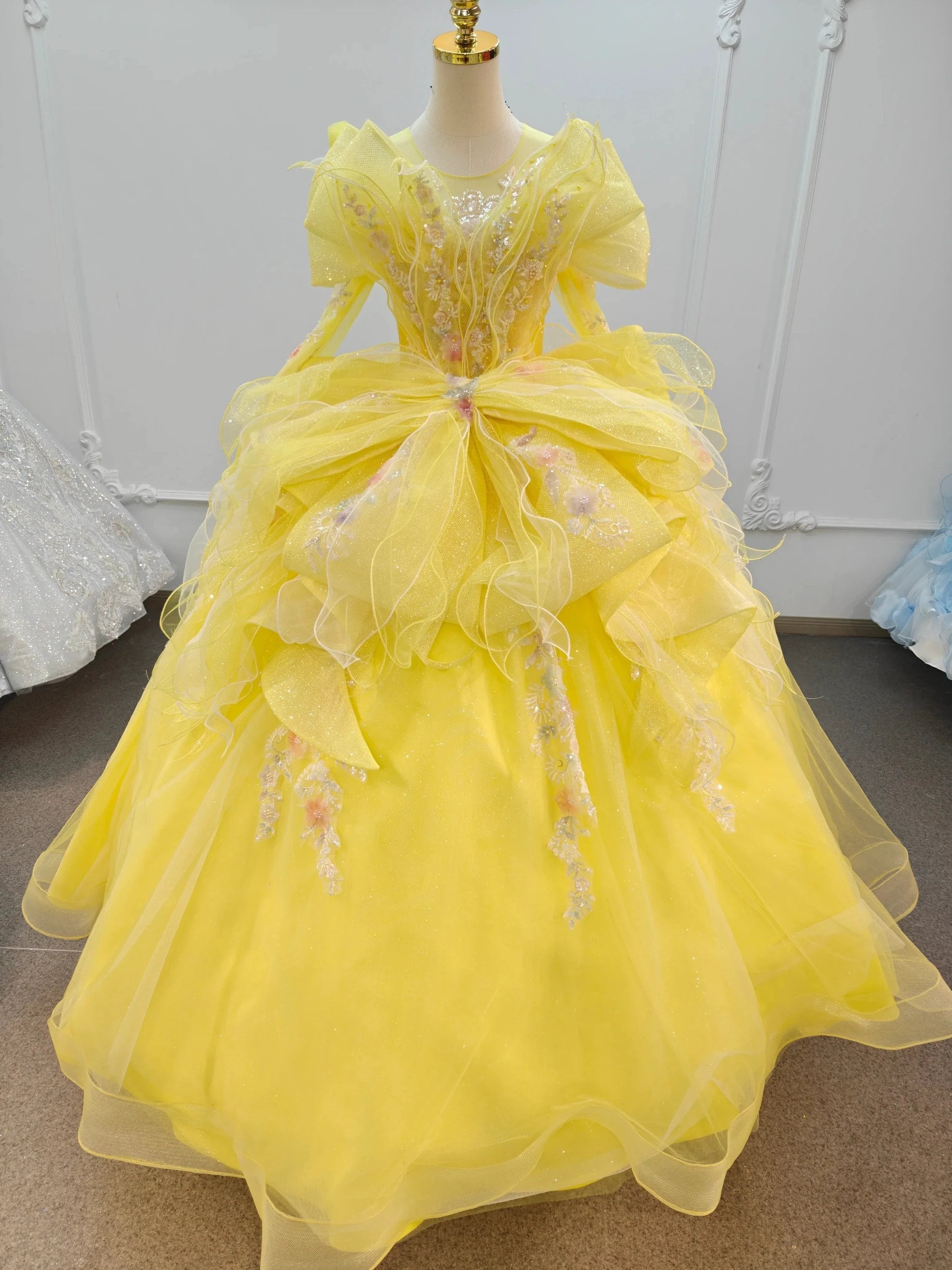 Vibrant Yellow High-Neck Ball Gown Wedding Dress with Ruffled Tulle, 3D Floral Embroidery & Corset Back Ye-2031