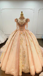 Lavish Blush Pink High-Neck Ball Gown Wedding Dress with Beaded Fringe & 3D Floral Embroidery Ye-2026