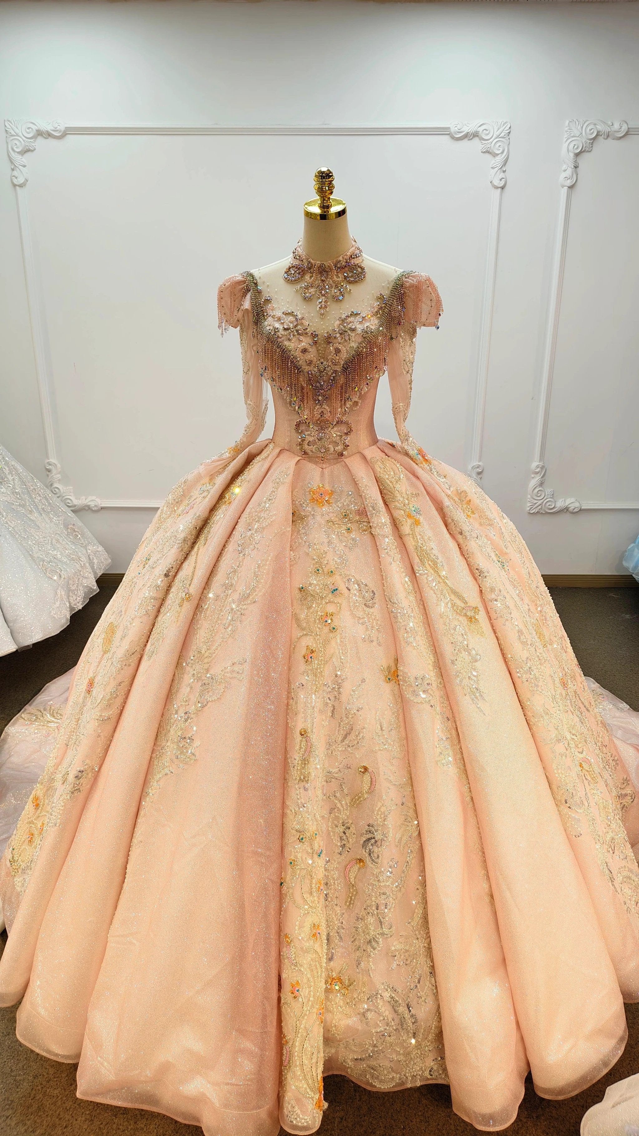 Lavish Blush Pink High-Neck Ball Gown Wedding Dress with Beaded Fringe & 3D Floral Embroidery Ye-2026